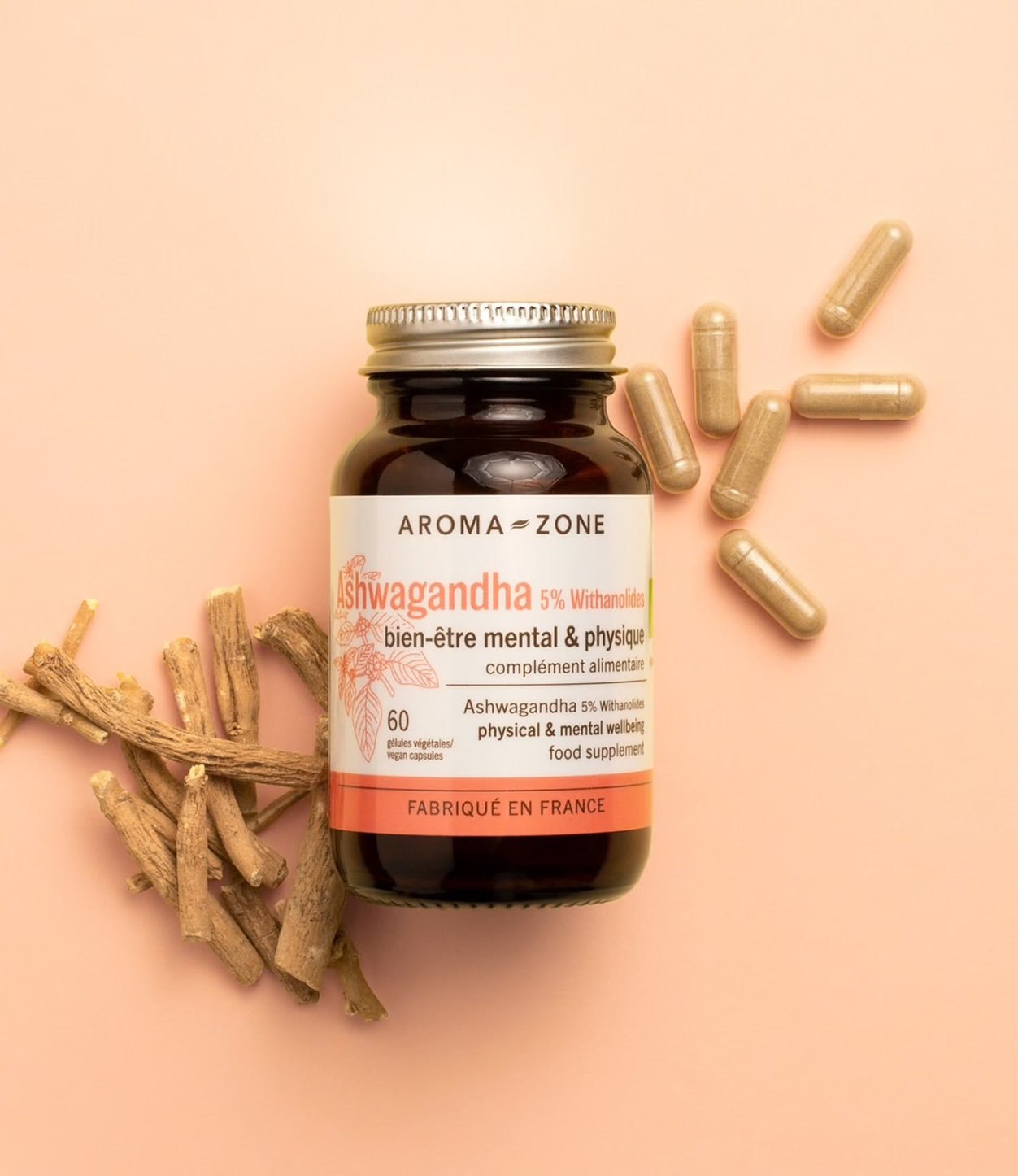 Complément Alimentaire AROMA-ZONE Ashwagandha BIO - 60 Gélules - Collagène, Magnésium, Zinc