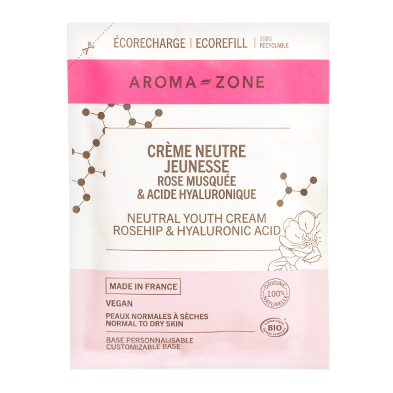AROMA ZONE - CRÈME NEUTRE JEUNESSE ROSE MUSQUÉE & ACIDE HYALURONIQUE ECO-RECHARGE